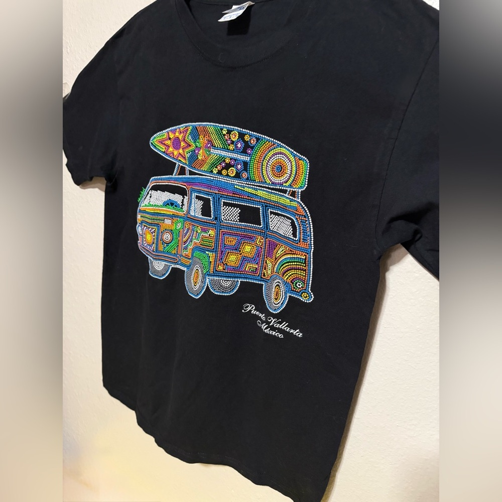 Puerto Vallarta Graphic Tee Medium | Colorful Surf Van Shirt Black | T Shirt - Picture 3 of 4